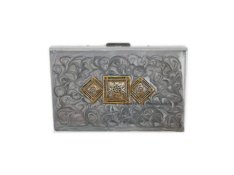 Neoclassic Credit Card Wallet in Hand Painted Silver Swirl Enamel Moorish Medallion RFID Blocker Case with Personalize and Color Options