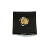 Moon and Sunburst Pill Box Inlaid in Hand Painted Glossy Black Enamel Art Deco Celestial Design with Personalized Options Available