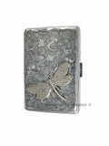 Art Nouveau Metal Cigarette Case Inlaid in Hand Painted Silver Swirl Enamel Dragonfly Design Custom Engraving and Color Options