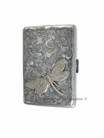 Art Nouveau Metal Cigarette Case Inlaid in Hand Painted Silver Swirl Enamel Dragonfly Design Custom Engraving and Color Options
