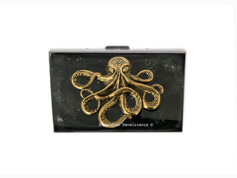 Octopus Credit Card Wallet Inlaid in Hand Painted Black with Siver Splash Enamel Nautical Kraken Design with Personalize and Color Options