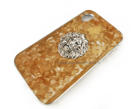 Lion Head Galaxy or Iphone Case Inlaid in Hand Painted Gold Swirl Enamel Antique Sterling Silver Neoclassic Lion Inspired with Color Option