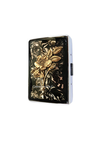 Art Nouveau Flowers Cigarette Case in Hand Painted Black Ink Swirl Enamel Victorian Botanical Design Custom Engraving and Color Options