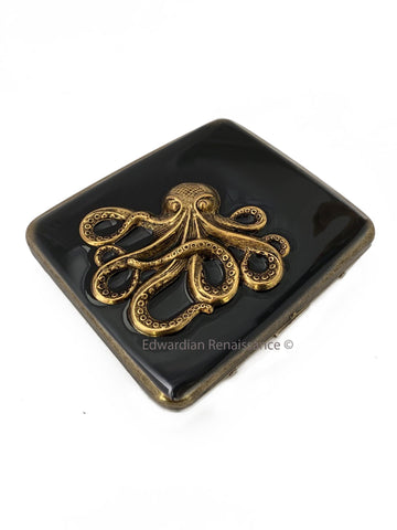 Octopus Cigarette Case in Hand Painted Black Enamel Burnished Gold Vintage Style Box Personalize and Color Options