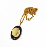 Moon and Stars Locket Inlaid in Hand Painted Gray Opaque Enamel Art Deco Celestial Necklace with Personalized and Color Options