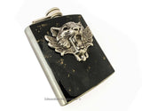 Tiger Flask in Hand Painted Glossy Black with Gold Splash Enamel Art Nouveau 3D Cat with Wings Engraving and Color Options