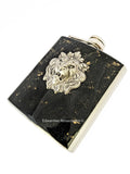 Lion Head Flask in Hand Painted Black with Gold Splash Enamel Medieval Ornate Leo with Personalize and Color Options