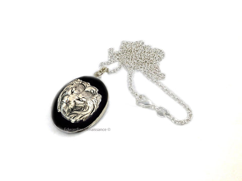 Lion Sterling Silver Locket Inlaid in Hand Painted Black Enamel Neoclassic Leo Inspired Necklace with Personalized and Color Options
