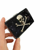 Antique Gold Skull and Crossbones Cigarette Case in Hand Painted Black Ink Swirl Enamel Gothic Victorian with Personalized Options