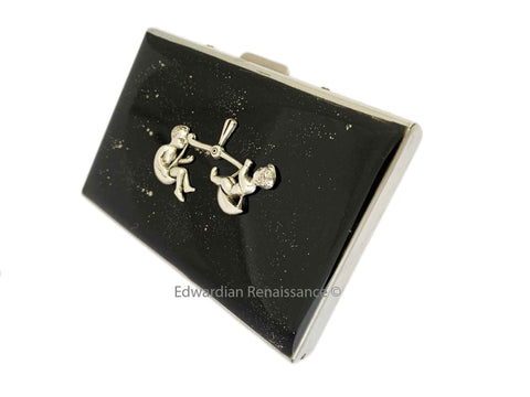 Libra Credit Card Wallet with RFID Blocker in Hand Painted Black with Silver Splash Enamel with Custom Color and Personalized Option