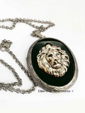 Lion Head Locket Inlaid in Hand Painted Glossy Cobalt Enamel Pill Box Necklace Neoclassic Leo Personalized and Color Options