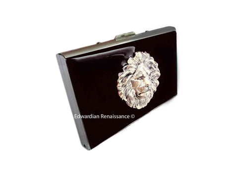 Antique Silver Lions Head Credit Card Wallet with RFID Blocker Hand Painted Black Enamel Neoclassic Leo with Personalized and Color Option