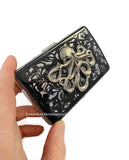 Octopus Cigarette Case Inlaid in Hand Painted Glossy Black Ink Swirl Design Enamel Neo Victorian Kraken with Engraving and Color options