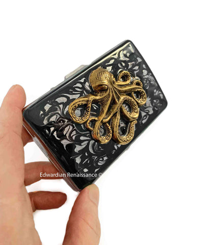 Antique Gold Octopus Cigarette Case Inlaid in Glossy Black Swirl Design Enamel Neo Victorian Kraken with Engraving and Color options