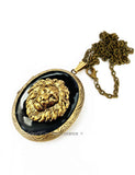 Golden Lion Pill Box Necklace Inlaid in Hand Painted Glossy Black Enamel Large Locket Neo Classic Leo with Personalized and Color Options