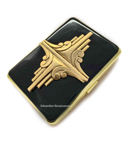 Gold Art Deco Cigarette Case in Hand Painted Black Enamel Geometric Inspired with Custom Engraving and Color Options