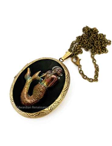 Mermaid Oval Locket Nautical Fantasy Keepsake Necklace in Hand Painted Black Enamel Sea Siren Necklace with Personalized and Color Options