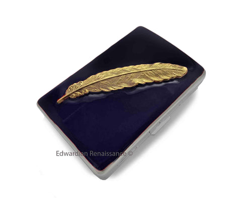 Antique Gold Ravens Feather Metal Cigarette Case Inlaid in Hand Painted Glossy Black Enamel Custom Colors and Personalized Options
