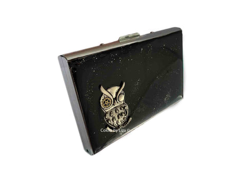 Robot Owl with Gear Watch Parts Metal Accordion Wallet Inlaid in Hand Painted Enamel Sci Fi Fantasy RFID Case with Personalized Options