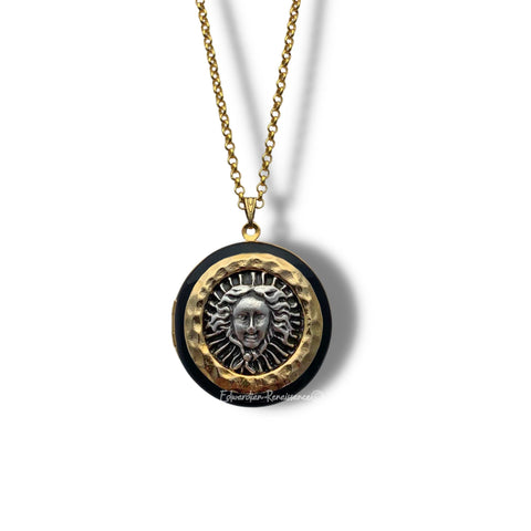 Medusa Locket in Hand Painted Black Enamel Ancient Mythical Medallion Necklace with Personalized and Color Options Available