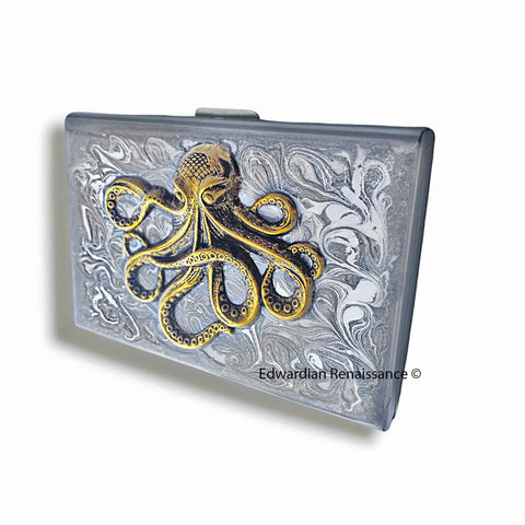Antique Gold Octopus Credit Card Wallet Inlaid in Hand Painted Silver Swirl Enamel RFID Safe Metal Case Personalized and Color Options