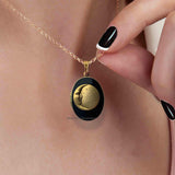 Moon and Stars Locket Inlaid in Hand Painted Black Enamel Celestial Inspired Necklace with Personalized and Color Options