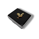 Antique Gold Rooster Pill Box with Covered Compartments Inlaid in Hand Painted Black Enamel Personalize and Color Options