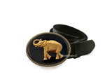 Elephant Belt Buckle Inlaid in Hand Painted Glossy Black Enamel Neo Victorian Safari Inspired Oval Gold Buckle with Color Options