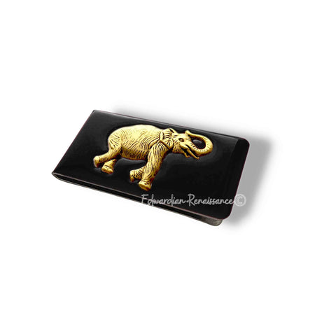 Antique Gold Elephant Money Clip Inlaid in Hand Painted Black Enamel Vintage Style Safari Design with Personalized and Color Options