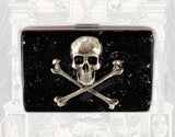 Gold Skull and Crossbones Metal Cigarette Case in Hand Painted Black with Silver Splash Enamel Gothic Victorian with Personalized Options