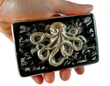 Octopus Cigarette Case Inlaid in Hand Painted Glossy Black Ink Swirl Design Enamel Neo Victorian Kraken with Engraving and Color options