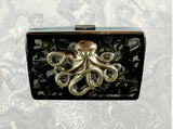 Antique Gold Octopus Cigarette Case Inlaid in Glossy Black Swirl Design Enamel Neo Victorian Kraken with Engraving and Color options