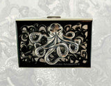 Steampunk Octopus RFID Metal Wallet Inlaid In Hand Painted Enamel Black Ink Swirl Design Nautical Kraken Personalized and Custom Colors