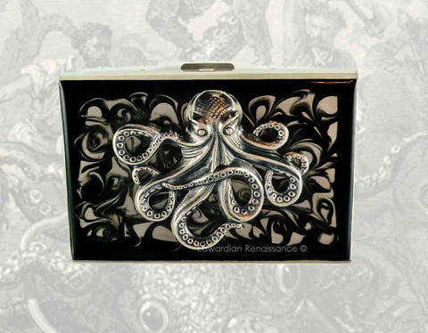 Steampunk Octopus RFID Metal Wallet Inlaid In Hand Painted Enamel Black Ink Swirl Design Nautical Kraken Personalized and Custom Colors