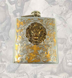Lions Head Flask Inlaid in Silver with Gold Swirl Enamel Neoclassic Safari Vintage Style with Personalized and Color Options