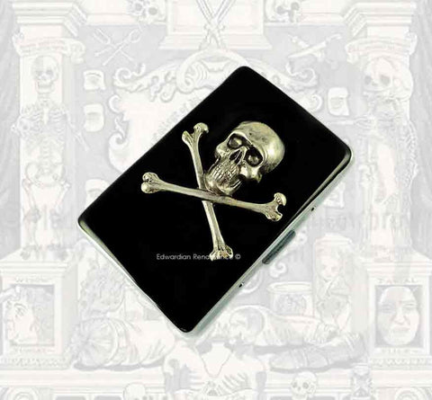 Metal Cigarette Case Silver Skull and Cross Bones Inlaid in Hand Painted Glossy Black Enamel Steampunk Metal Wallet Neo Victorian