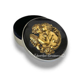 First Kiss Jewelry Box Inlaid in Hand Painted Black Enamel Neoclassic Cupid Design Vintage Style with Custom Color Options