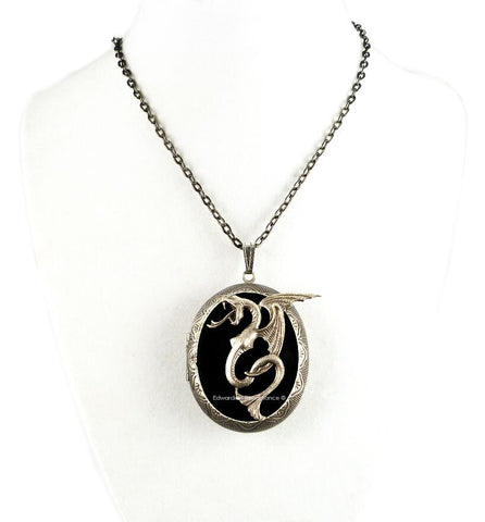 Dragon Pill Box Locket Inlaid in Hand Painted Glossy Black Onyx Enamel Game of Thrones Inpired Custom Colors and Personalized Options