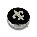 Antique Silver Fleur de Lis Pill Box Inlaid in Hand Painted Glossy Black Enamel Art Deco Inspired Personalized and Color Options