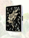 Art Nouveau Flowers Cigarette Case in Hand Painted Black Ink Swirl Enamel Victorian Botanical Design Custom Engraving and Color Options