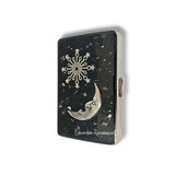 Moon and Star Metal Cigarette Case Silver Inlaid in Hand Painted Black Enamel with Silver Splash Design with Color and Personalized Options