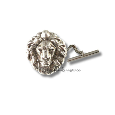 Antique SIlver Lions Head Tie Pin Zodiac  Leo Tie Tack Pin with Bar and Chain Vintage Inspired Tie Accent
