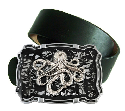 Steampunk Octopus Large Belt Buckle Inlaid in Hand Painted Enamel Black Ink Swirl Design Nautical Fantasy Inspired with Color Options