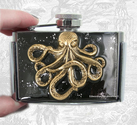 Octopus Flask Belt Buckle Inlaid in Hand Painted Black and Silver Splash Enamel Vintage Style with Color Options