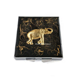 Gold Elephant Metal Pill Box Inlaid in Hand Painted Black with Gold Swirl Enamel Victorian Safari Inspired with Personalized Options