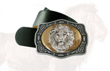 Antique Silver Lion Head Belt Buckle Inlaid in Hand Painted Glossy Gold Enamel Neoclassic Safari Metal Buckle with Assorted Color Options