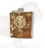 Antique Silver Lion Flask Inlaid in Hand Painted Bronze Enamel with Gold Swirl Art Deco Leo Design Custom Colors and Personalized Options