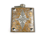 Art Deco Studded Hip Flask Inlaid in Hand Painted Enamel Gold Swirl Design Geometric Inspired with Custom Colors and Personalized Options