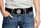 Leo Large Belt Buckle Antique Sterling Silver Lions Head Inlaid in Glossy Black Onyx Enamel Custom Color Options Available