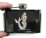 Mermaid Flask Belt Buckle Inlaid in Hand Painted Black Enamel Vintage Style Nautical Design with Personalized and Color Options
